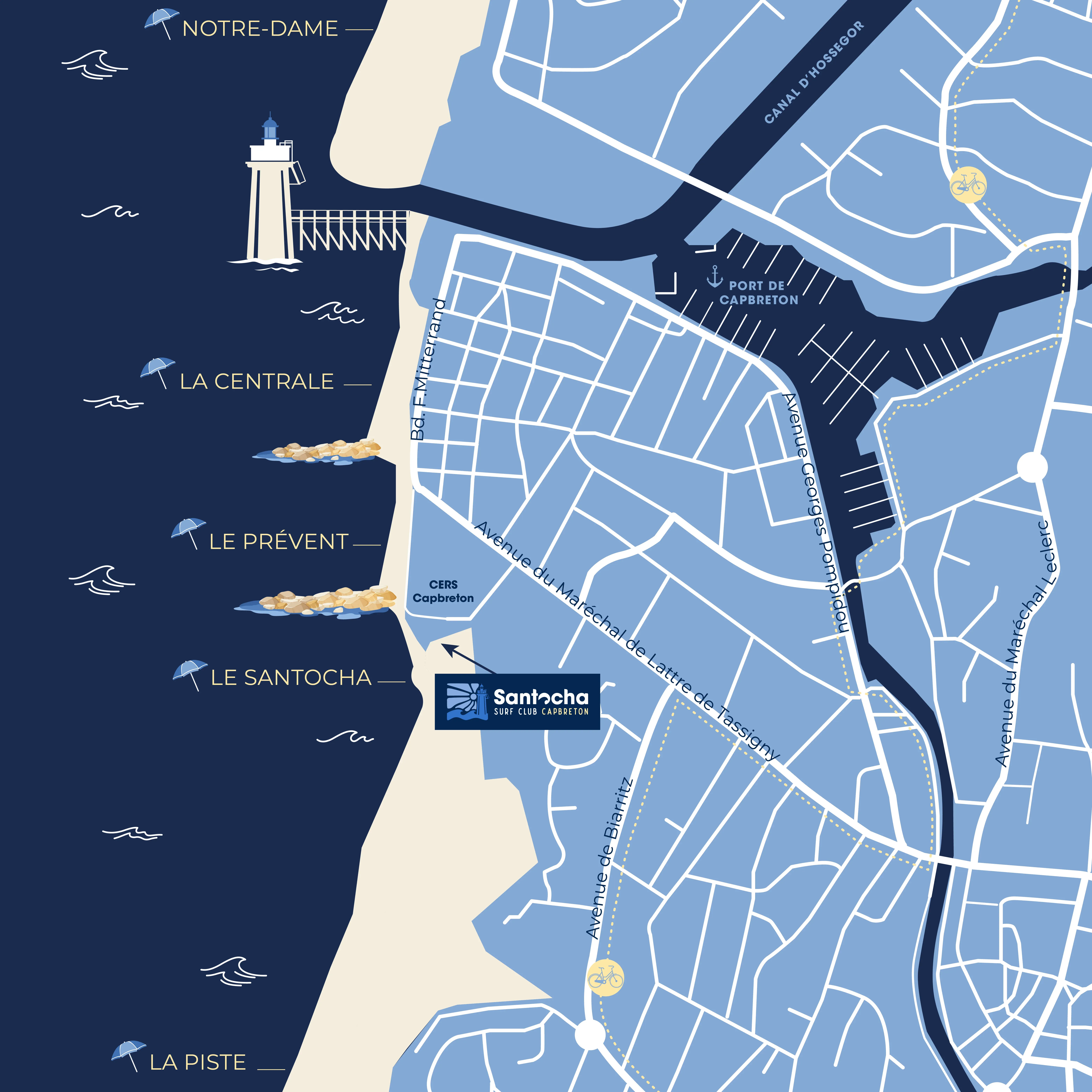 Map of the 5 surf spots in Capbreton: Notre-Dame, La Centrale, Le Prevent, Le Santocha and La Piste, from the harbour south to Hossegor